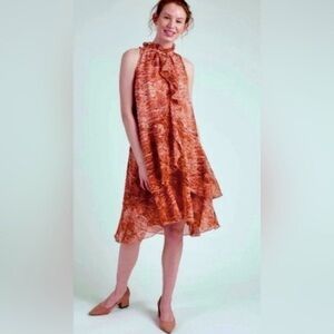 Soaked in Luxury Halter, Ruffle Dress in Burnt Orange Snakeskin - Size M